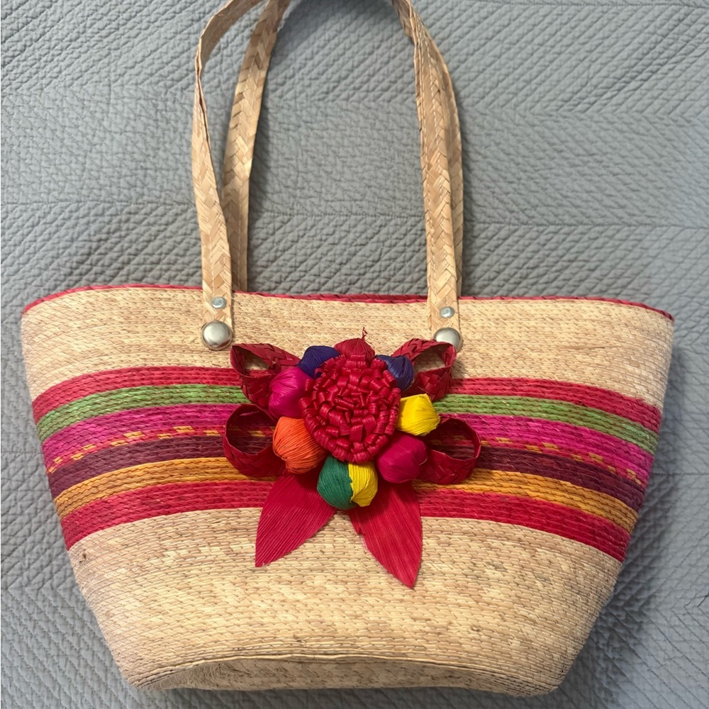 Natural Straw Tote with Multicolor Stripe and Floral Accent